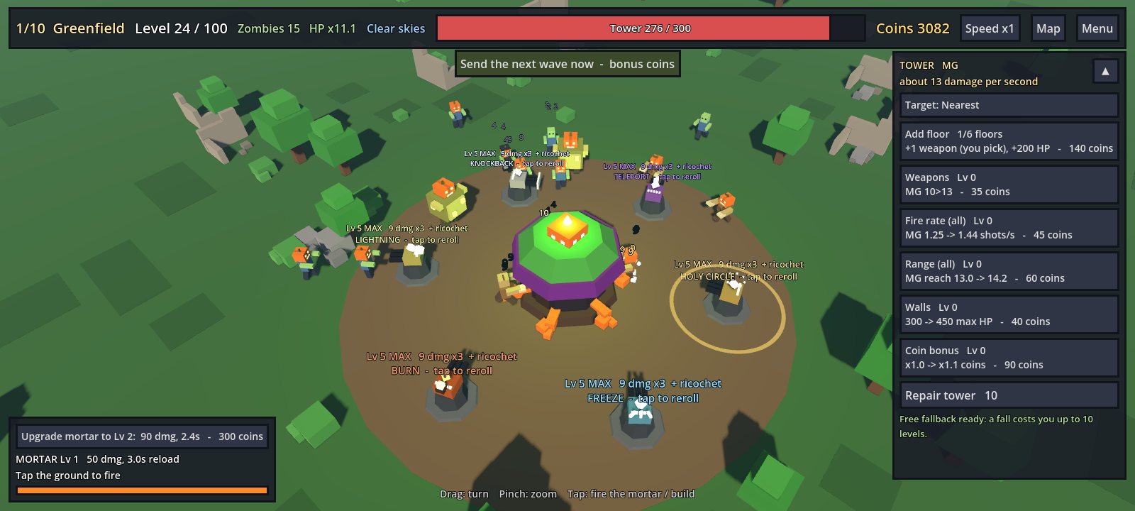 Dawnwarden: turrets around the tower fighting a wave of zombies