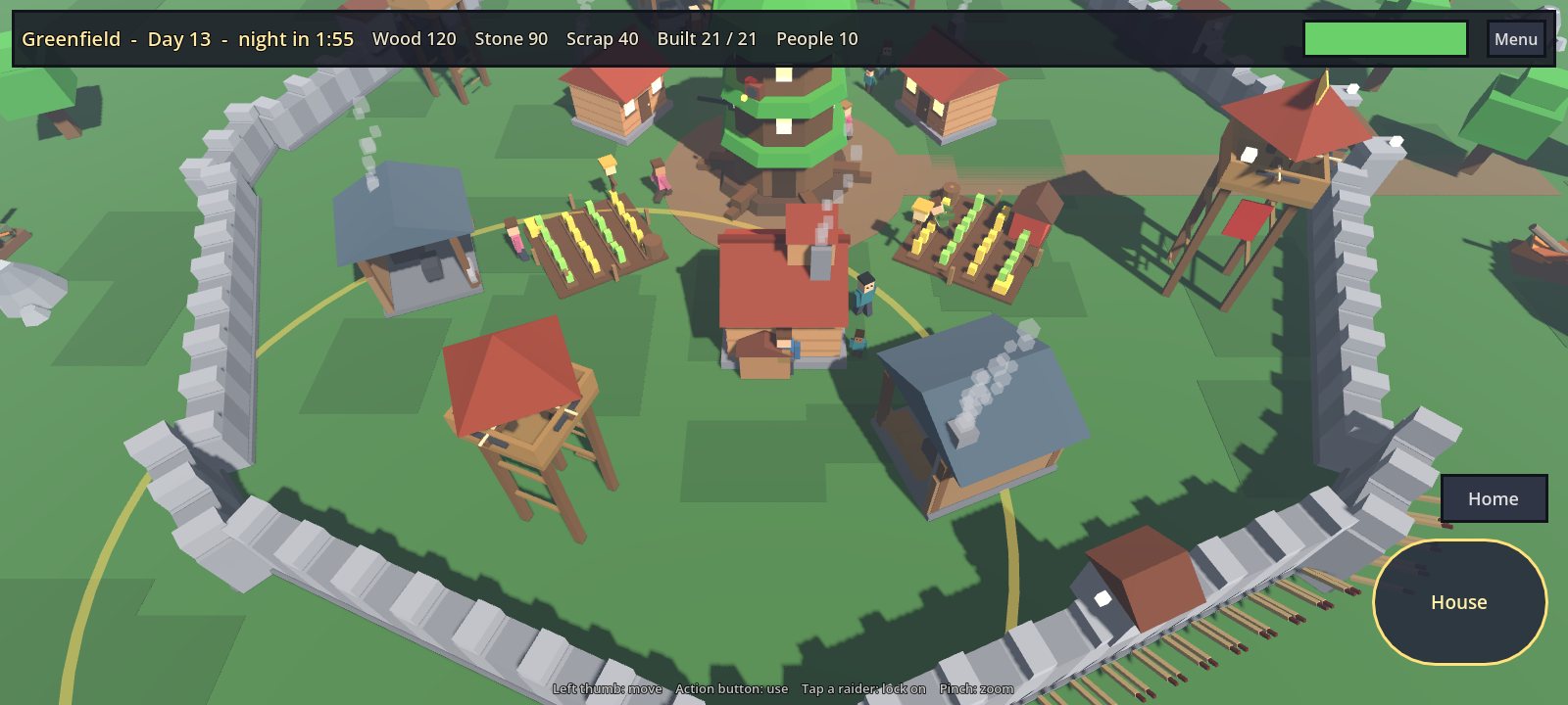 A walled town with houses, farms and watchtowers in Wardlight